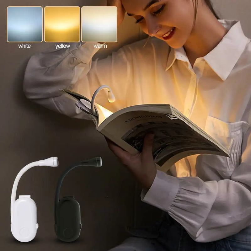 Mini Luz de Livro USB Recarregável 3 Temperaturas de Cor Luz de Leitura Clipe na Lâmpada Portátil LED