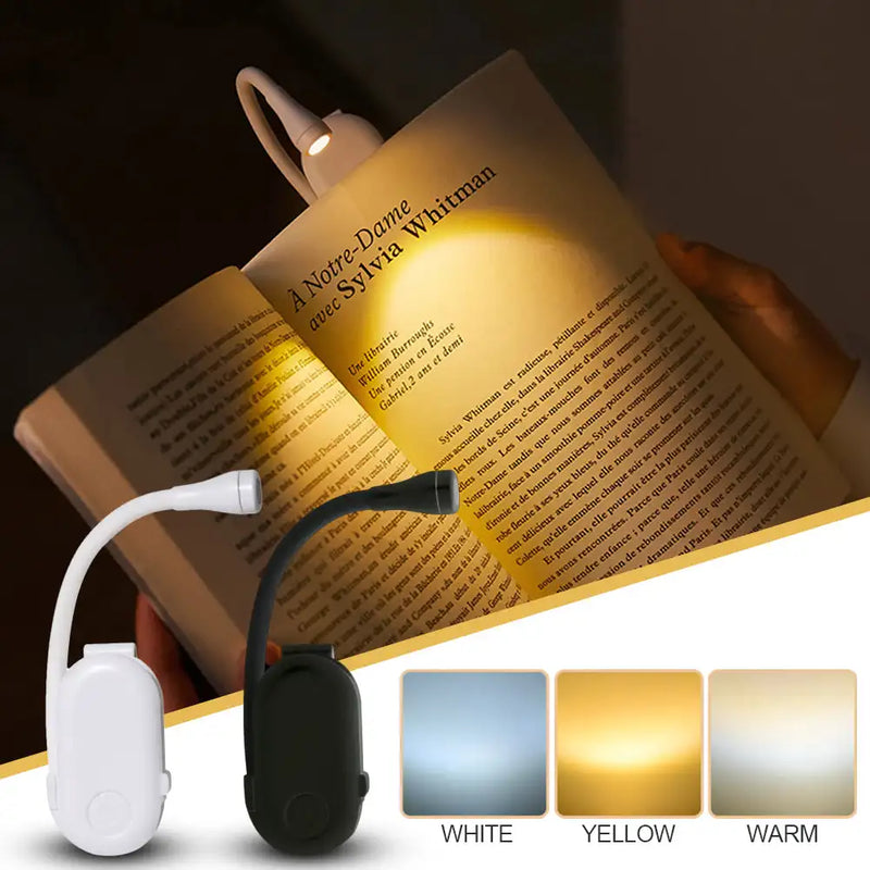 Mini Luz de Livro USB Recarregável 3 Temperaturas de Cor Luz de Leitura Clipe na Lâmpada Portátil LED