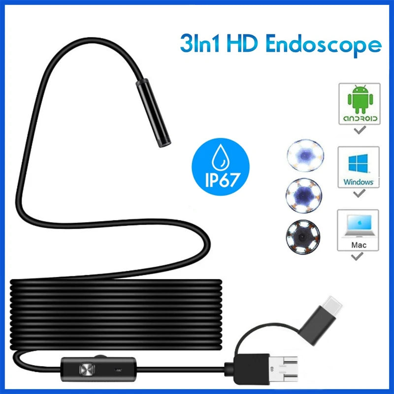 Câmera Endoscópica HD 5.5/8mm, Endoscópio à Prova d'água, Tipo C/USB, Mini Câmera 3 em 1, Para Android